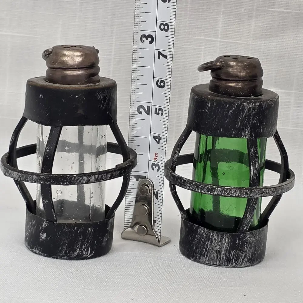Vintage Miniature Lanterns Glass Metal Set of 2 Clear Green Rustic Decor